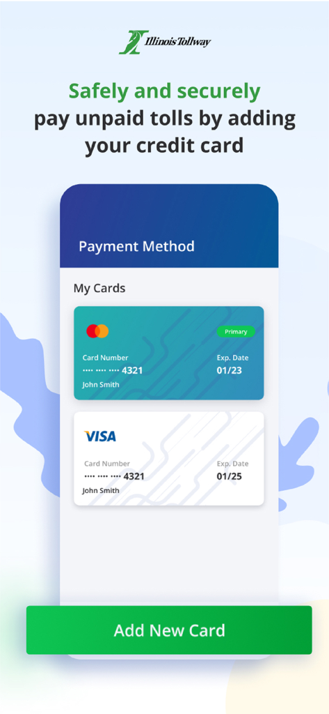 Illinois Tollway app payment method screen showing saved credit cards and an add new card button