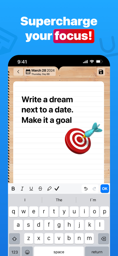 A digital paper planner interface showing a goal setting message and a target icon