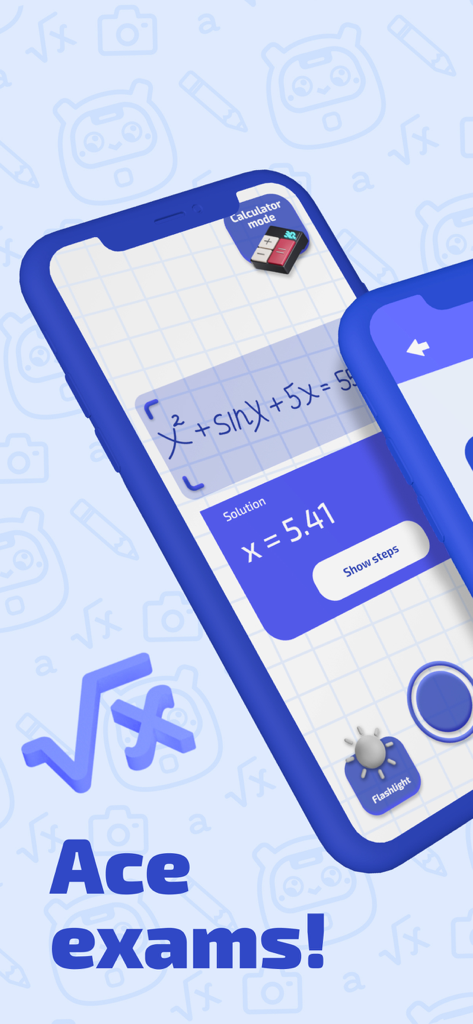 Study AI: Math Homework Helper - Interface of the Study AI app showing a solved math equation with step-by-step options and the slogan Ace exams