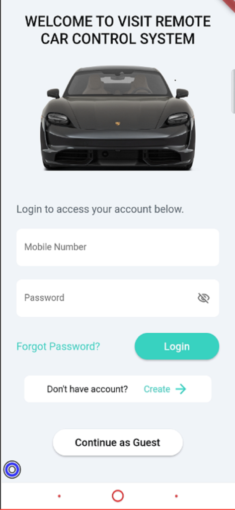 Interface de connexion de l'application mobile Aslaa montrant une voiture de luxe et un message de bienvenue du système de contrôle de voiture à distance