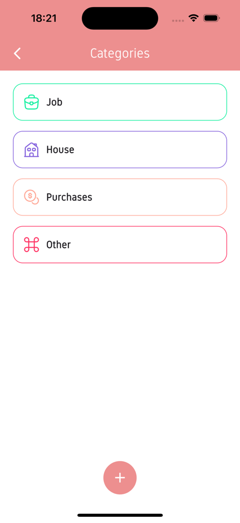 The categories menu of the Betao app featuring minimalist icons and color coded labels