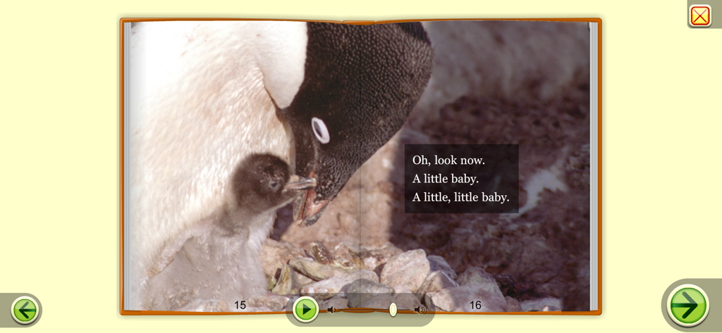 Starfall I'm Reading 앱의 디지털 책 페이지에는 아기와 함께 있는 펭귄 사진과 간단한 읽기 텍스트가 표시됩니다.