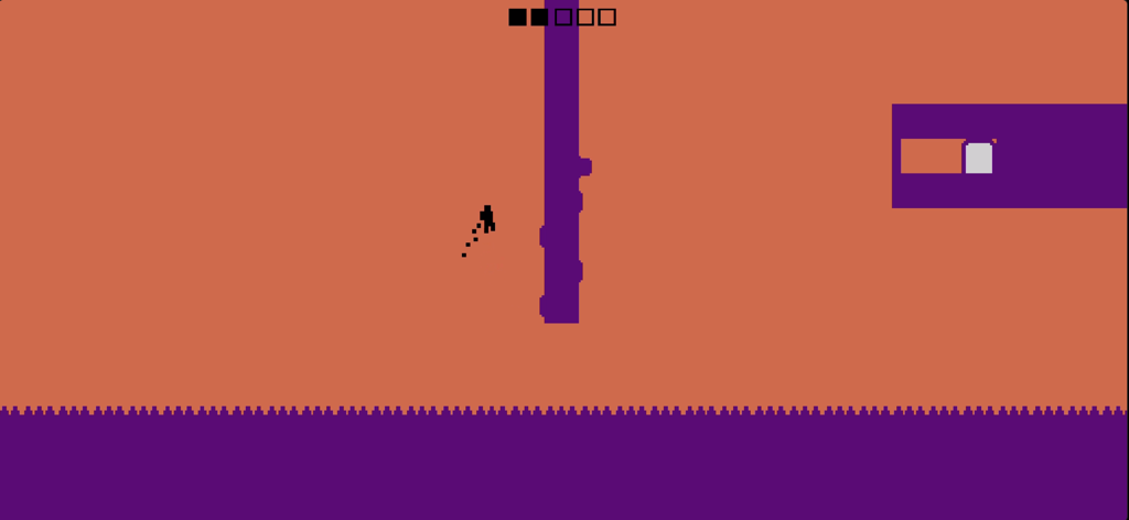 Ein minimalistischer Gameplay-Screenshot von Level Devil, der eine schwarze Silhouette-Figur zeigt, die über violette Stachelböden vor einem orangefarbenen Hintergrund springt.