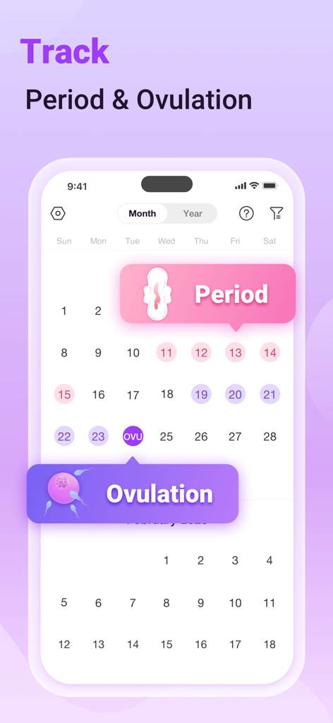 Premom App Smartphone-Oberfläche, die einen Monatskalender mit verfolgten Periode- und Ovulationsterminen anzeigt