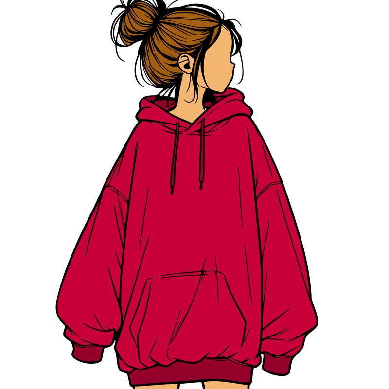 realistic girl with a oversized sweatshirt on and a bun