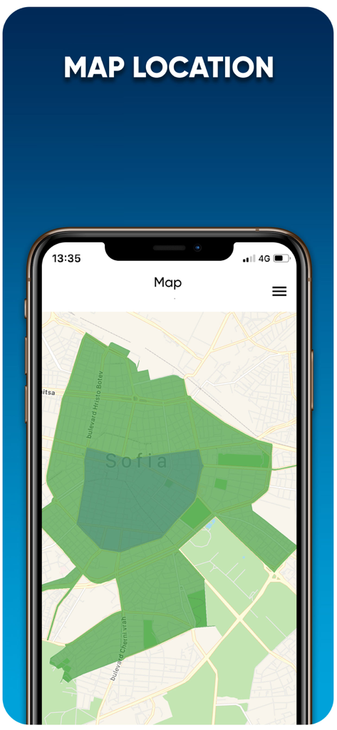 Sofia Plus - Sofia Plus mobile app screen displaying a map of parking and mobility zones in Sofia
