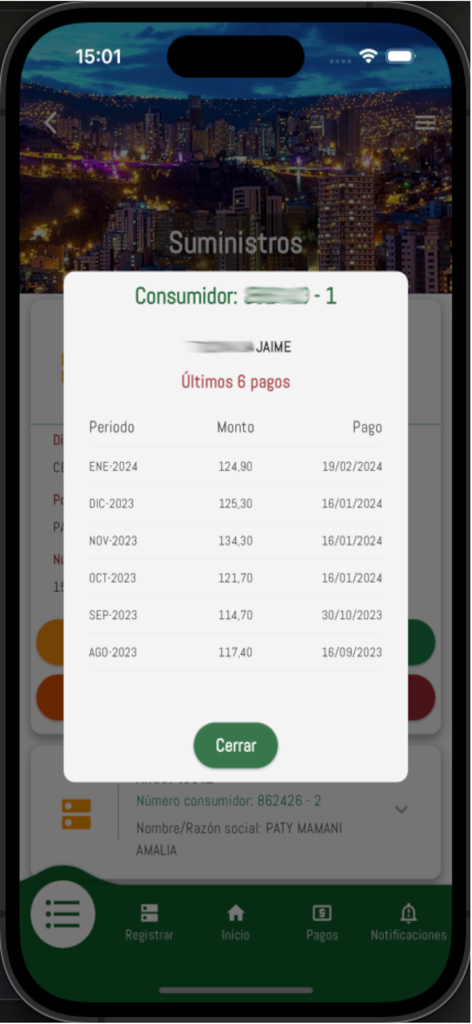 DELAPAZ APPLUZ - Pantalla del historial de pagos de facturas eléctricas en la aplicación DELAPAZ APPLUZ mostrando fechas y montos de transacciones recientes.
