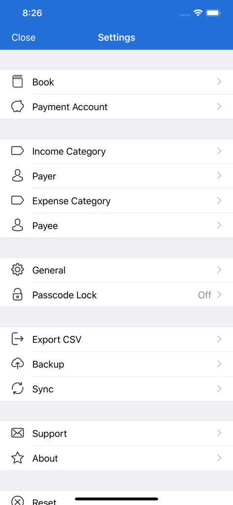 The settings interface of the MoneyBook Pro app displaying various configuration and data management options
