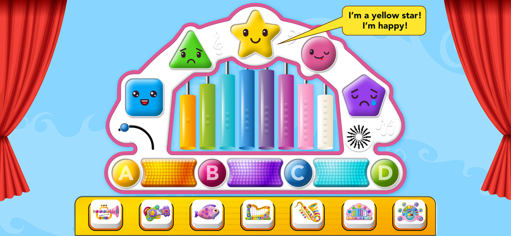 Educational music game interface with a xylophone and animated shapes showing different emotions