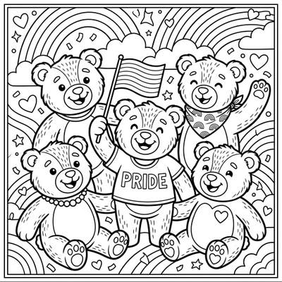 Dive into a world of joy and inclusivity with this heartwarming coloring page featuring cheerful teddy bears celebrating Pride Month. This delightful illustration is perfect for embracing diversity and spreading love, offering a wonderful creative outlet for all.