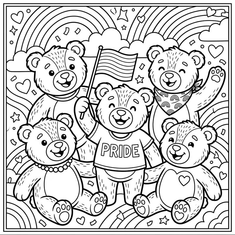 Dive into a world of joy and inclusivity with this heartwarming coloring page featuring cheerful teddy bears celebrating Pride Month. This delightful illustration is perfect for embracing diversity and spreading love, offering a wonderful creative outlet for all.