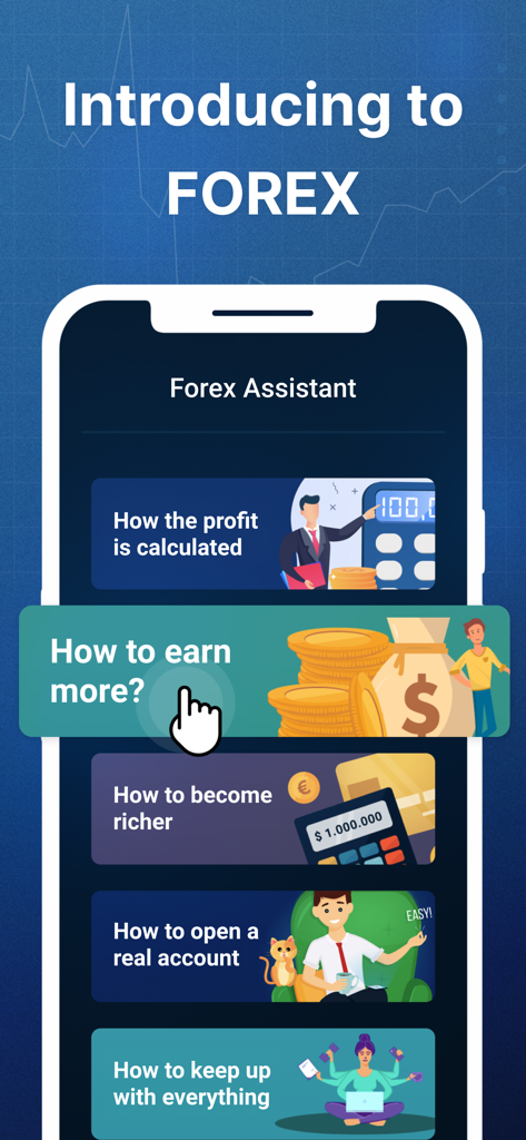 利益計算や稼ぎ方のコツなど、FX取引の学習モジュールを表示するスマートフォンの画面。