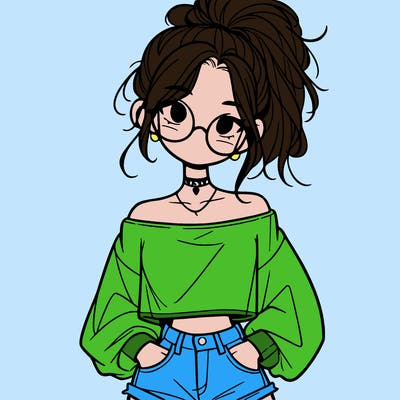 girl with a messy ponytail glasses a baggy crop top and jean shorts