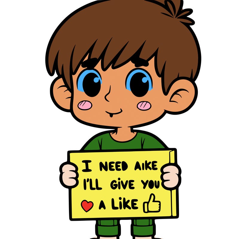 a boy that’s holding a sign that says  i need a like i’ll give your like