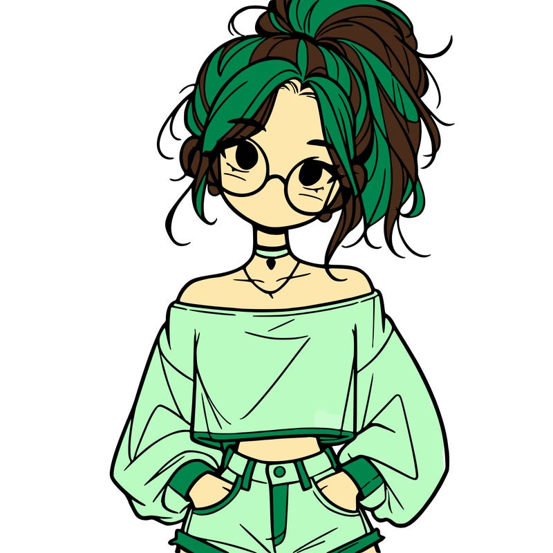 girl with a messy ponytail glasses a baggy crop top and jean shorts