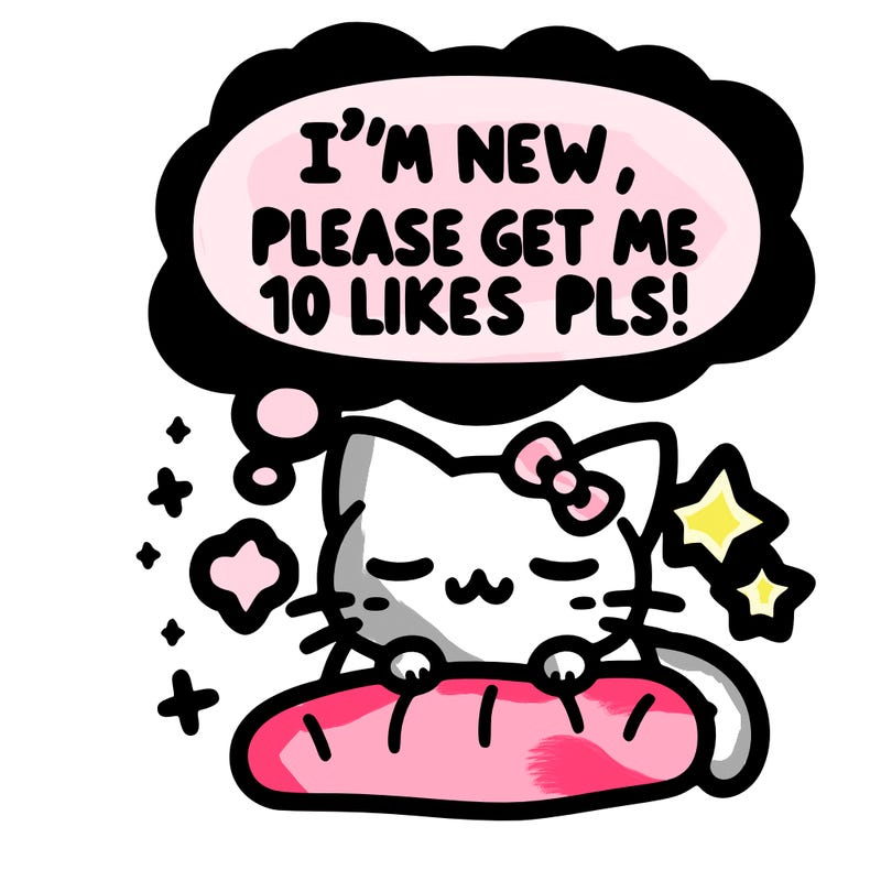 kitty taking a nap dream talking and saying "i'm new, please get me at least 10 likes pls!!"