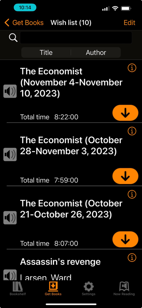 BARD Mobile - BARD Mobile app wish list displaying downloadable audio issues of The Economist and other audiobooks.
