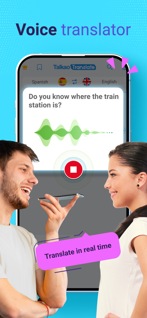 AI Voice Translator Translate - Two people using a mobile app for real-time voice translation between different languages