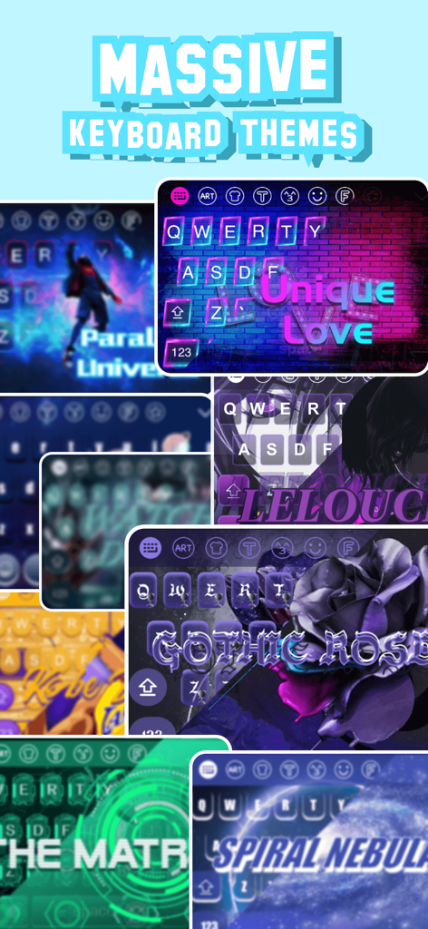 Font Keyboard: Cool Themes - Collection of colorful and stylized custom keyboard themes with neon gothic and space designs