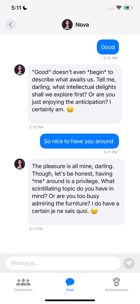 A chat interface showing a playful and flirty conversation with an AI companion named Nova.