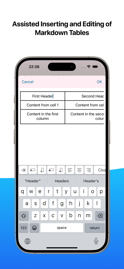 One Markdown - Interface of One Markdown app on iPhone showing assisted table creation and editing features