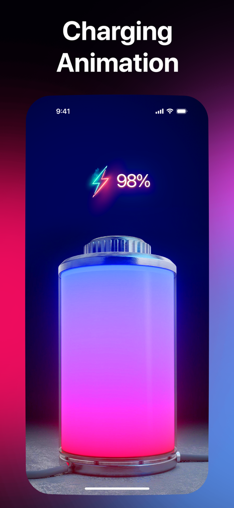 빛나는 3D 배터리와 번개 아이콘이 특징인 스마트폰의 생동감 넘치는 네온 충전 애니메이션