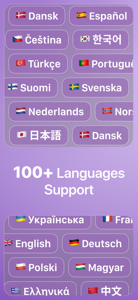 Live Transcribe: Voice to Text - Interface do aplicativo destacando suporte para mais de 100 idiomas com várias bandeiras internacionais