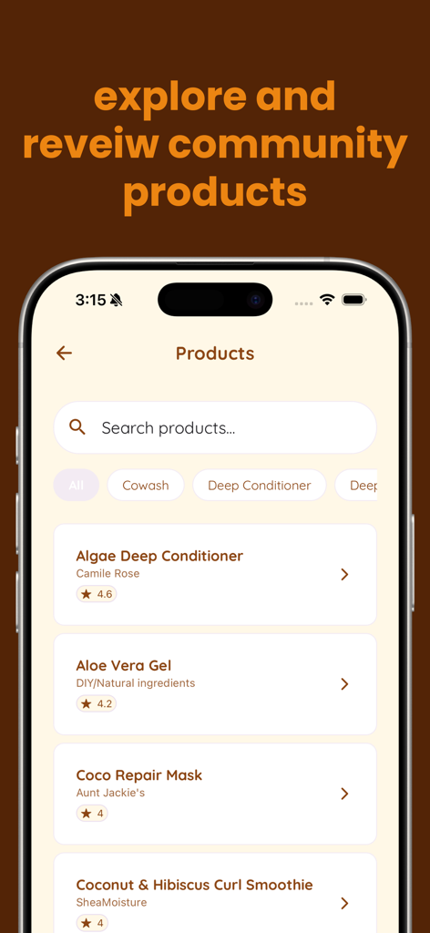 type4hair - A mobile app interface showing a list of rated hair care products for Type 4 hair including conditioners and masks