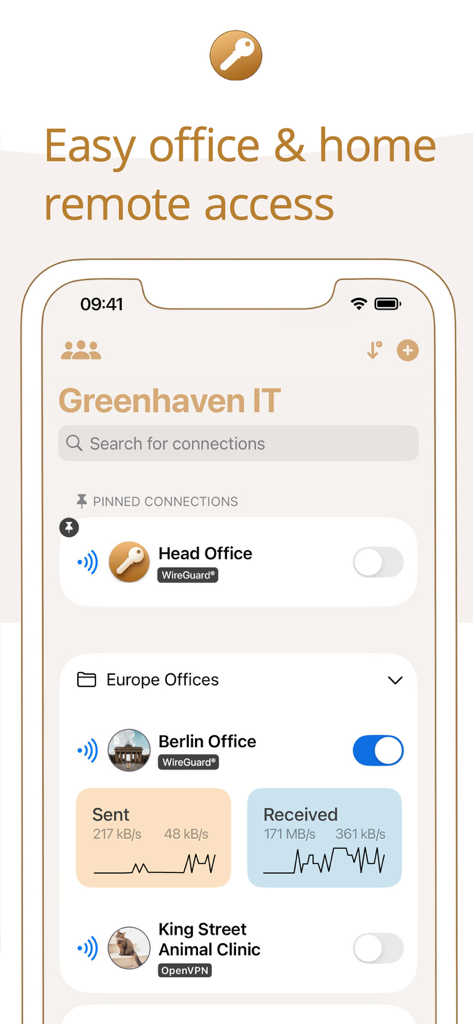 VPN Tracker interface showing multiple remote connections for office and home with data usage graphs