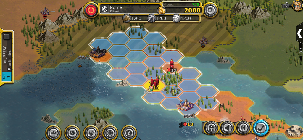 Demise of Nations - Hexagonal map gameplay in Demise of Nations showing Roman units and resource management