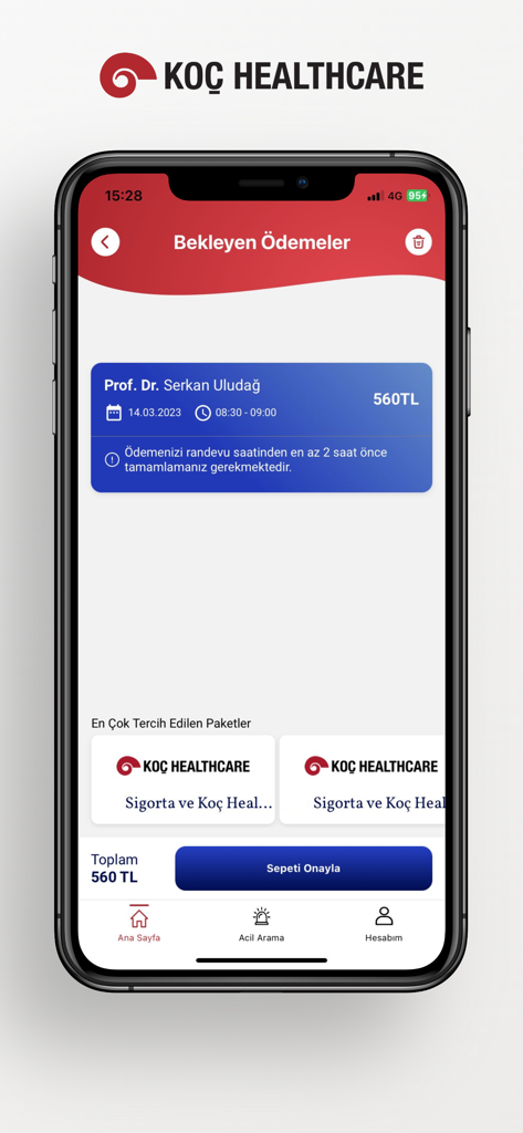 Koc Healthcare app screen displaying a pending payment for a medical appointment with appointment details and a checkout button.