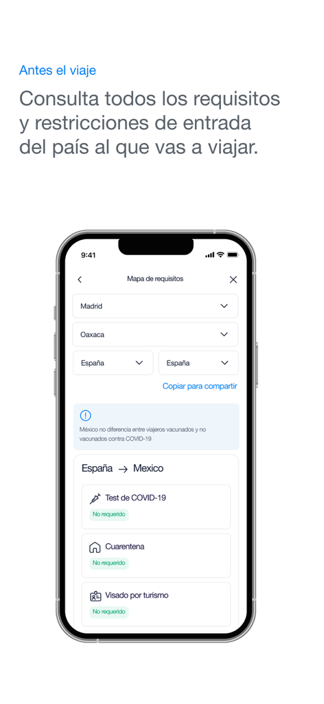 Intermundial - Intermundial app screen showing travel entry requirements and restrictions for international destinations