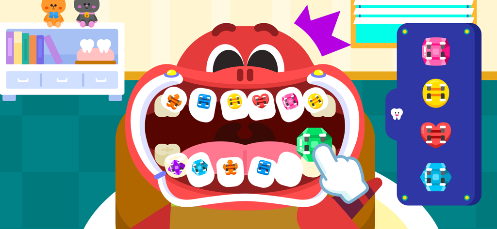 Un personaje dinosaurio rojo se coloca frenillos de colores en los dientes en el juego Cocobi Dentist.