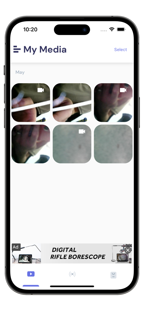 Smart Endoscope - Smart Endoscope app media gallery screen showing a grid of recorded inspection photos and videos