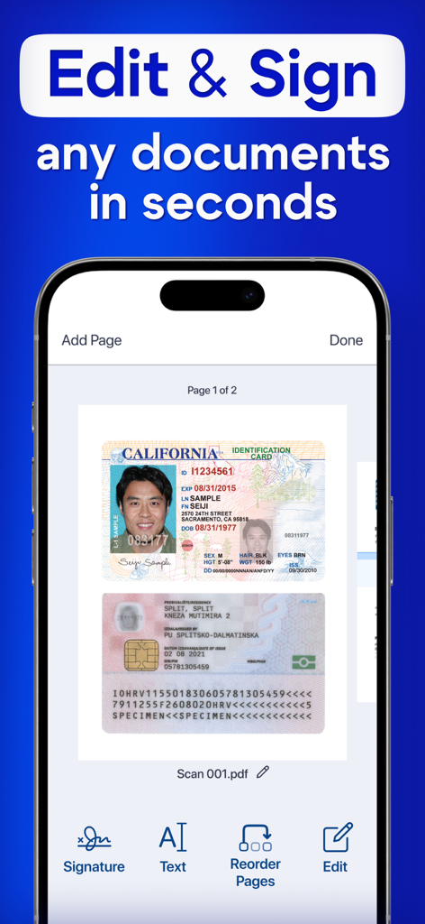 Interfaz de un smartphone de la aplicación PDF Scanner AI mostrando la edición y firma de tarjetas de identificación escaneadas