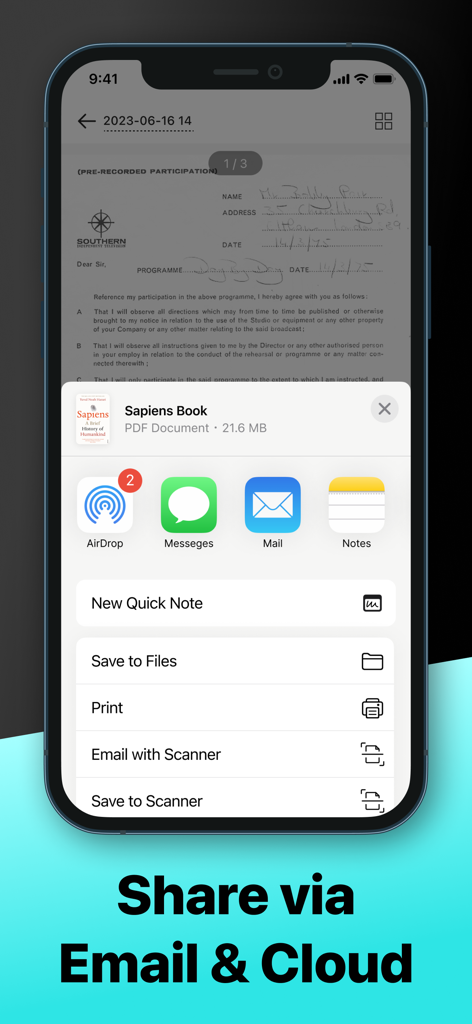 PDFgear Scan app interface showing options to share documents via AirDrop Messages Email and Cloud services