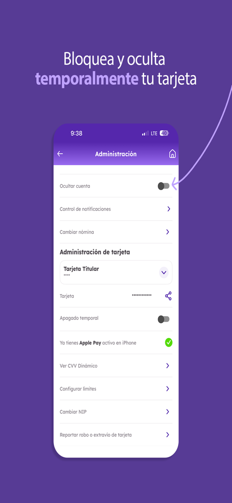 Bajionet Movil - Card administration screen in the Bajionet Movil app showing options to hide or block a card