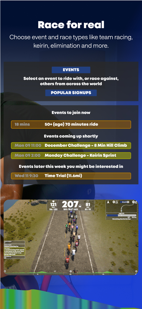 TrainingPeaks Virtual Cycling - Interface de TrainingPeaks Virtual Cycling montrant divers types de courses et un peloton lors d'une course virtuelle avec des métriques de puissance