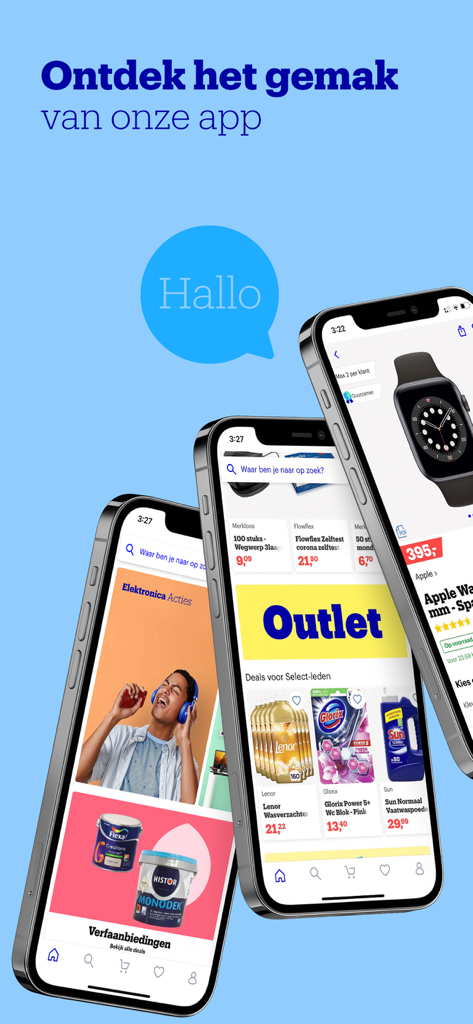 Three smartphones displaying various shopping categories and deals within the bol mobile app interface