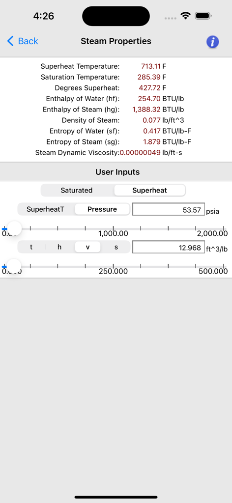 Interface of the Steam Tables mobile app showing superheated steam property calculations with user input sliders and results for temperature, enthalpy, and density.