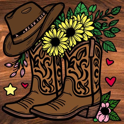cowboy boots with cowboy hat and flowers