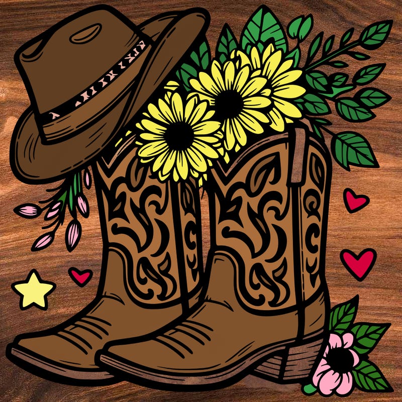 cowboy boots with cowboy hat and flowers
