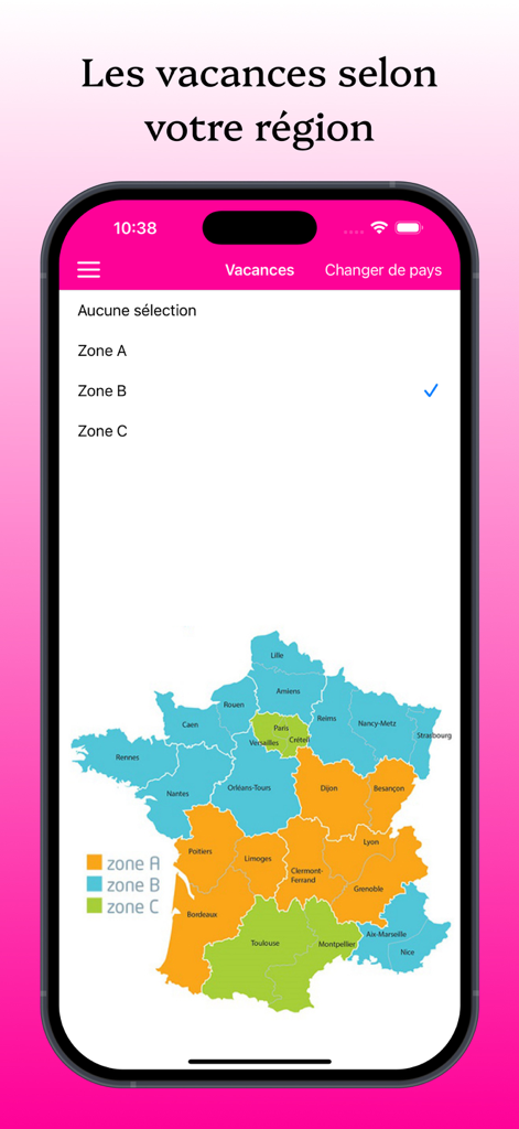 KidCal: Co-Parent Calendar App - KidCal co-parenting app screen showing school holiday zones and a map of France.
