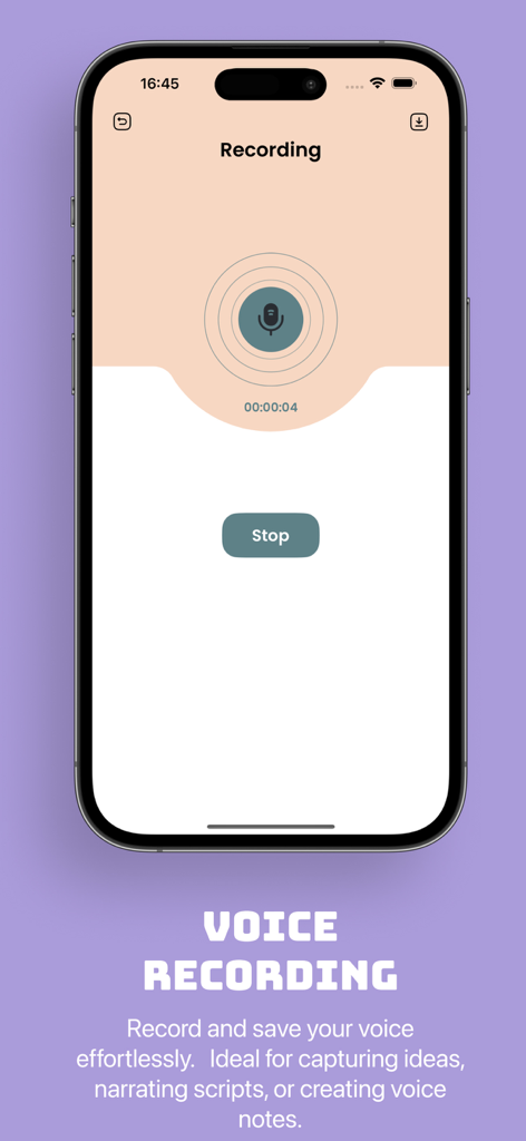 Stube : Podcast & Saver` - Una pantalla de teléfono móvil que muestra la interfaz de grabación de voz de la aplicación Stube