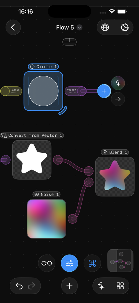 Flow Nodes - Una interfaz de codificación creativa basada en nodos en la aplicación Flow Nodes con bloques de lógica conectados y un gráfico de estrella colorido.