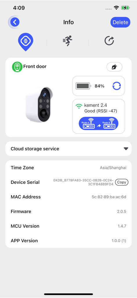 Kement - Kement mobile app info page displaying front door camera battery and connection status