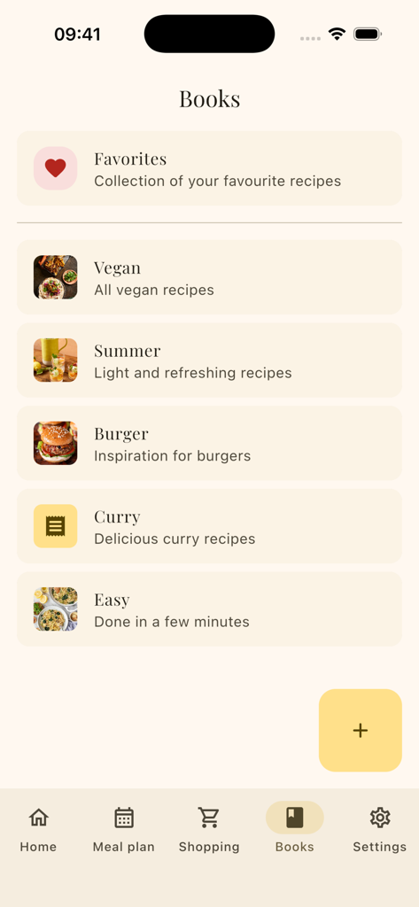 kitshn (for Tandoor) - A screenshot of the kitshn app's Books screen displaying a list of recipe collections including Favorites, Vegan, Summer, and Burger.