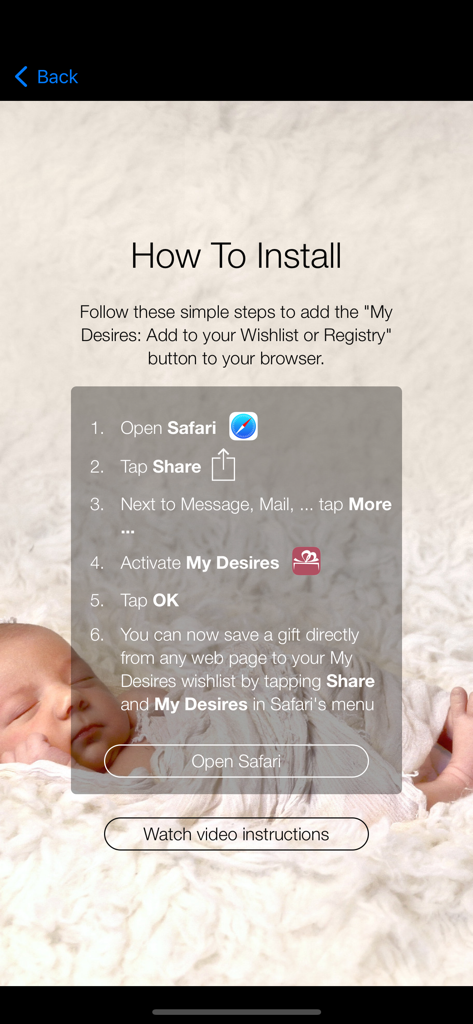 Installation guide showing steps to add the My Desires share extension to the Safari browser on iOS
