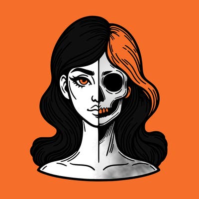 bust of a woman, half face and hair, half skull