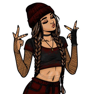 realistic teenage girl with braids and a beanie and crop top doing 🫶🏼